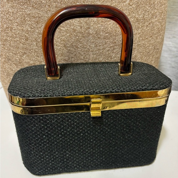 Vintage JR Flordia USA-Box Style Black and Gold Women's Handbag w/ Lucite Handle - Picture 5 of 9